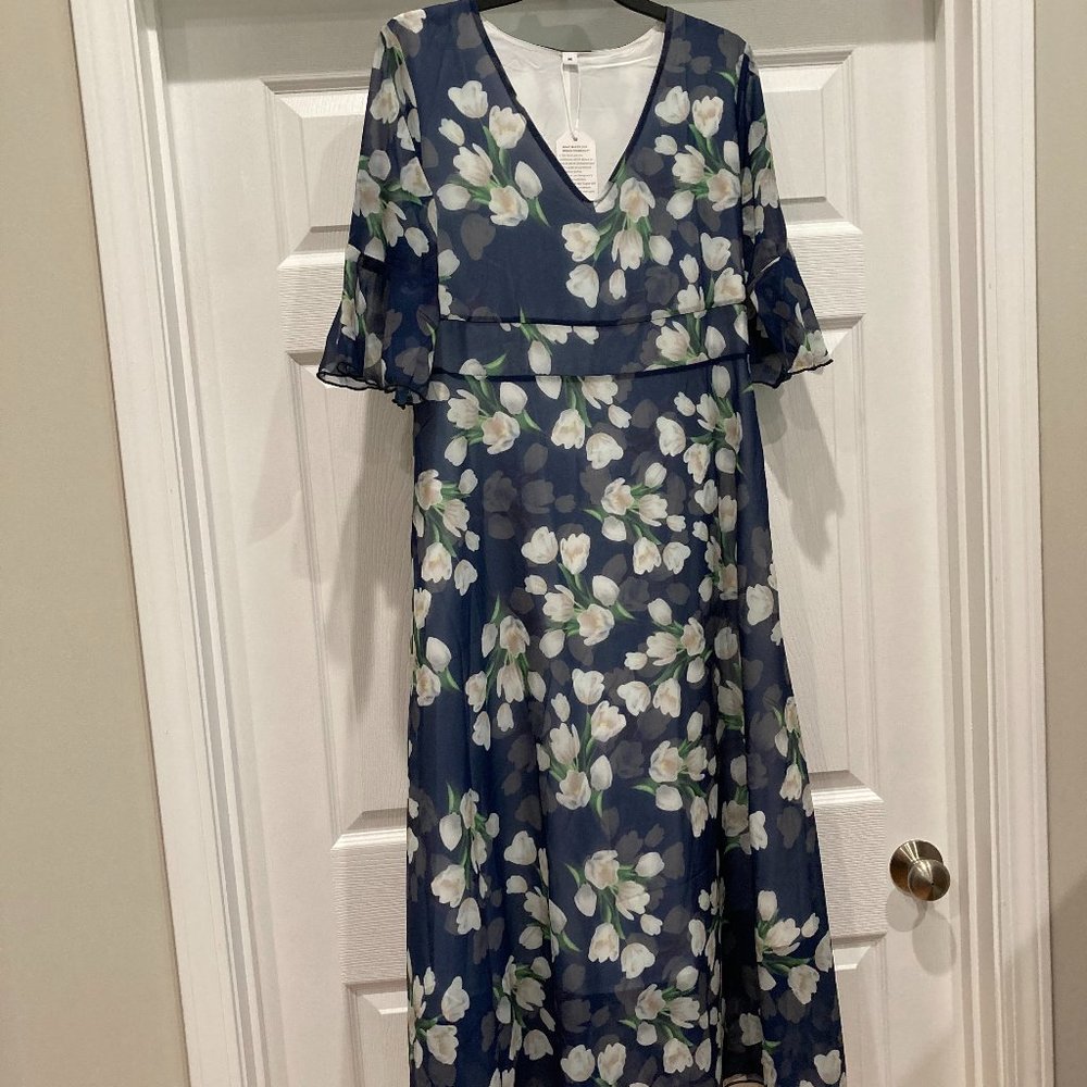 Navy blue dress with white tulips.  Size Medium.  Side zipper. Short sleeves.